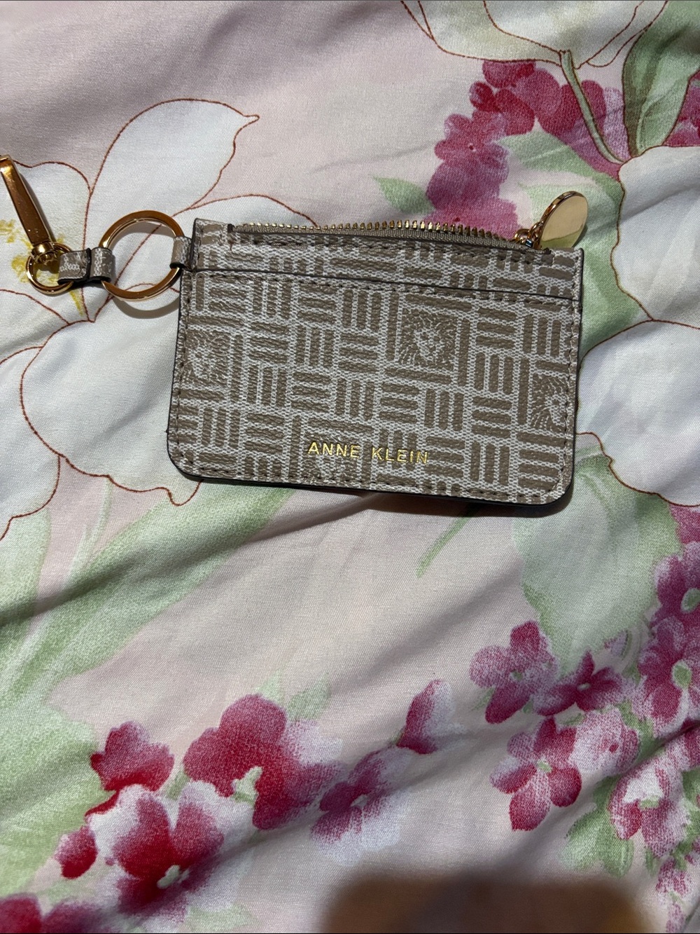 Anne Klein Taupe Beige Monogram Zip Card Case with Keyring